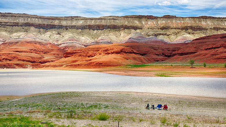 Colorful cliffs along the lake in the Bighorn Canyon National Recreation Area near Lovell, WY.