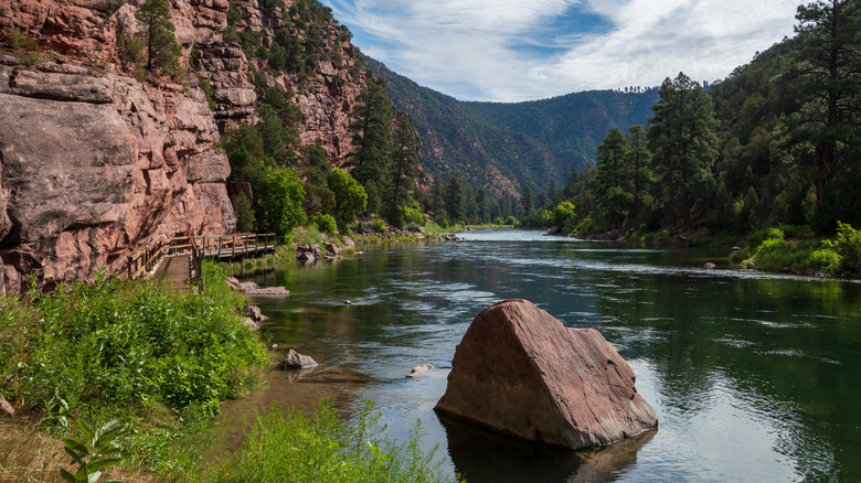 Red rock faces rise above the forest and waters of Flaming Gorge, Wyoming