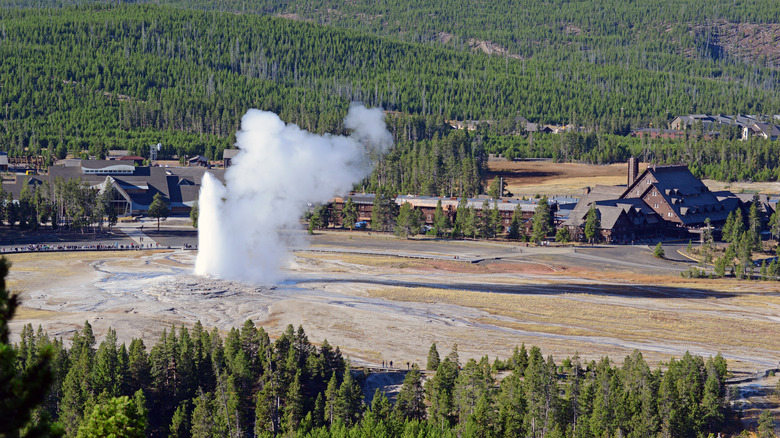Old Faithful geyser erupting with the Old Faithful Inn and cabins behind it