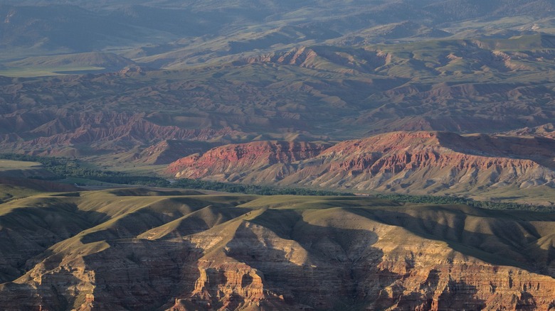 An aerial view of the rolling hills and badlands near Dubois, Wyoming