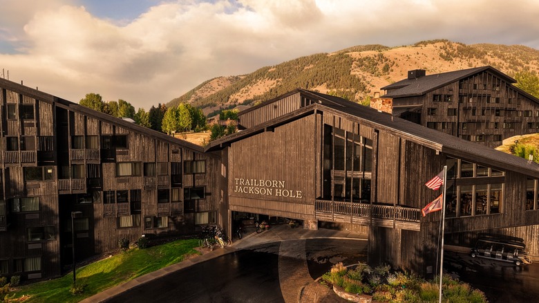 Exterior of Trailborn Jackson Hole main building and surrounding guest room buildings.