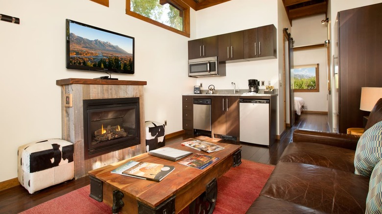 Interior view of the living room and kitchenette at Fireside Resort cabins