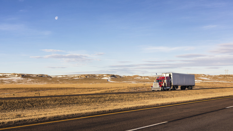 Semi-truck driving down Interstate 80 in Wyoming