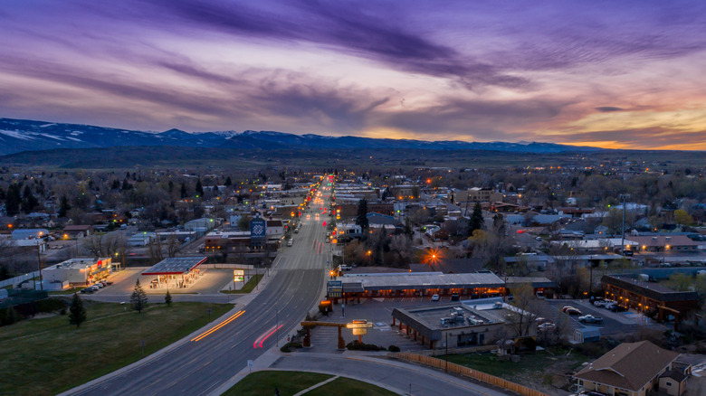 Aerial view of downtown Lander, Wyoming in the evening