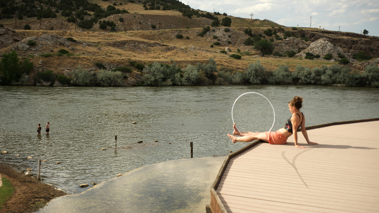Relaxing on deck by Big Horn River at Hot Springs State Park in Thermopolis