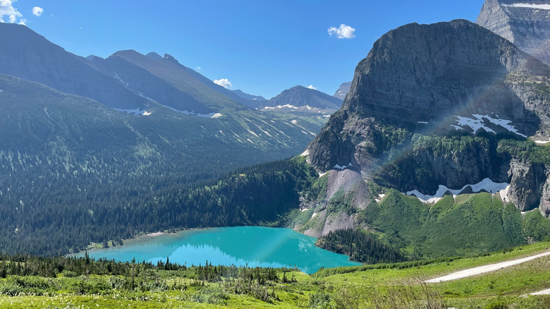 A view of Grinell Lake from the Grinell Glacier Trail in Glacier National Park, Montana