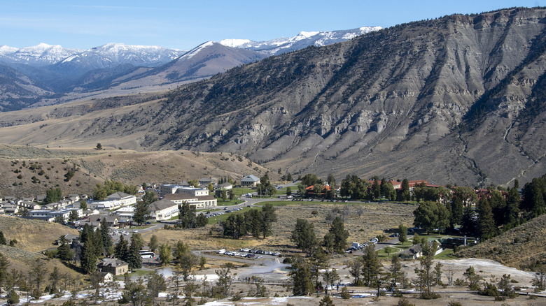 Wide elevated view looking down toward Mammoth Hot Springs Hotel & Cabins in Yellowstone National Park
