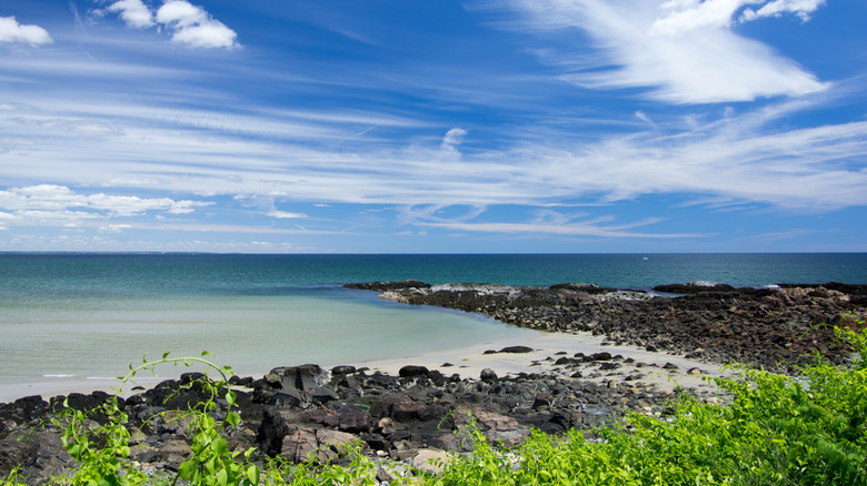 Ogunquit Beach in Maine with blue water, white sand, black rocks, green vegetation, and a deep blue sky