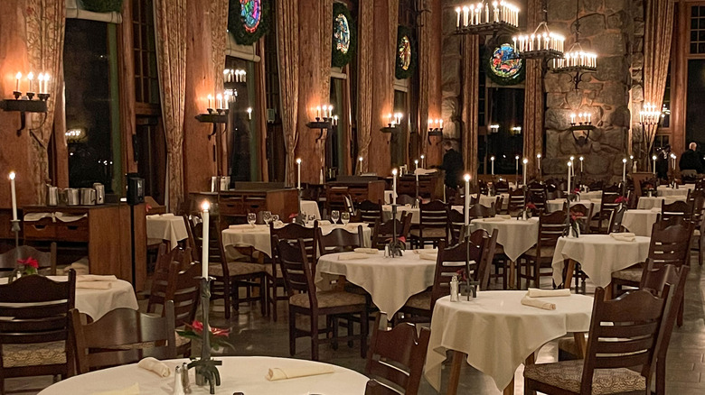 View of the candlelit dining room at The Ahwahnee
