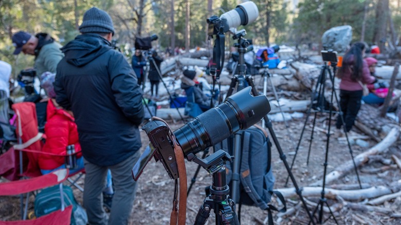 A crowd of people with camera equipment preparing to view the Firefall in Yosemite National Park