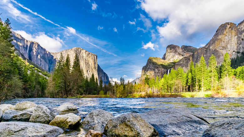 The Merced River flows through Yosemite Valley with granite cliffs in the background.