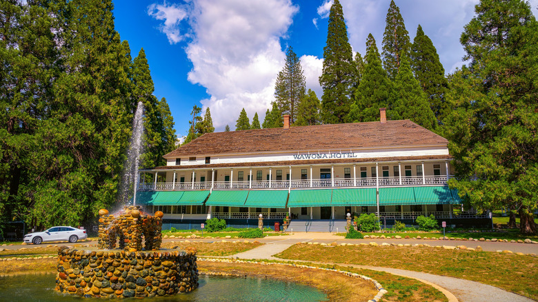 The historic Wawona Hotel in Wawona, California, surrounded by redwoods