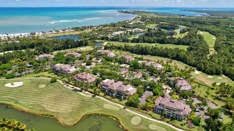 Aerial view of golf courses, homes, and seashore in Puerto Rico