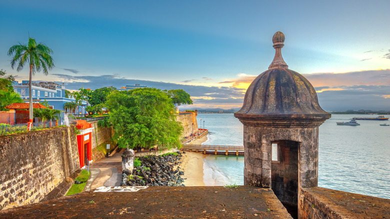 Caribbean view and colorful homes in old San Juan, Puerto Rico