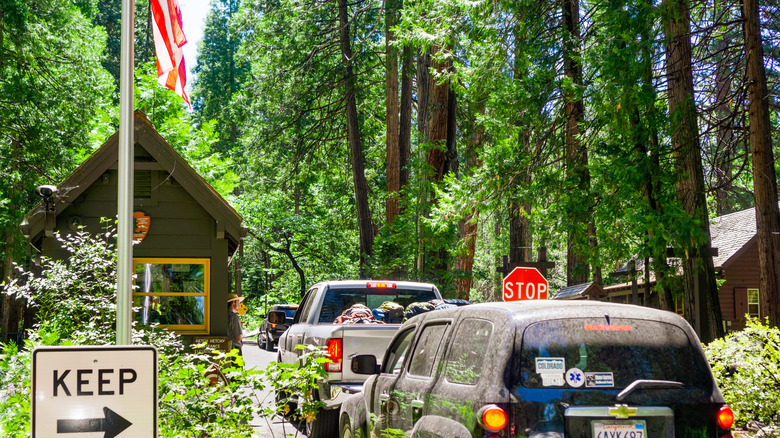 Cars waiting at an entry booth at Yosemite National Park