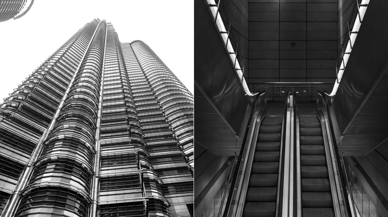 A split image: on the left is a low-angle of the Petronas Twin Towers in Kuala Lumpur, Malaysia; on the right is are the Christianhavn station's escalators in the Copenhagen Metro in Denmark