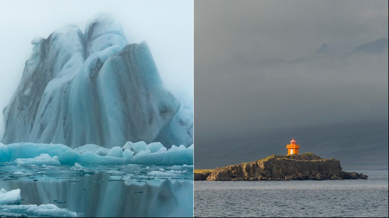 ﻿A split image: on the left is an iceberg in the Jökulsárlón glacier lagoon; on the right is the Æðarstein Lighthouse, in Djúpivogur, Iceland