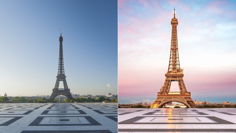 A split image of the Eiffel Tower in Paris, France, the left was captured during the day, the right was taken at sunset