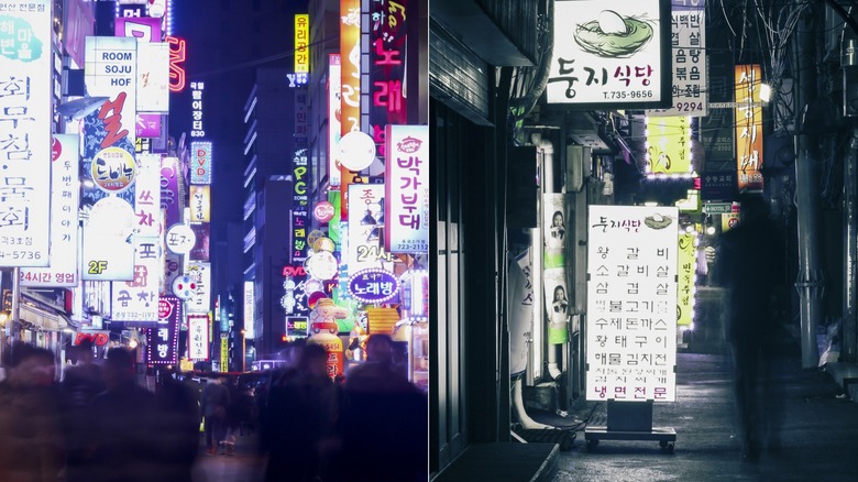 ﻿A split image: on the left is the crowded and brightly-lit Insadong area of Seoul at night; on the right is the famous food alleyway, Pimatgol, in Seoul, South Korea