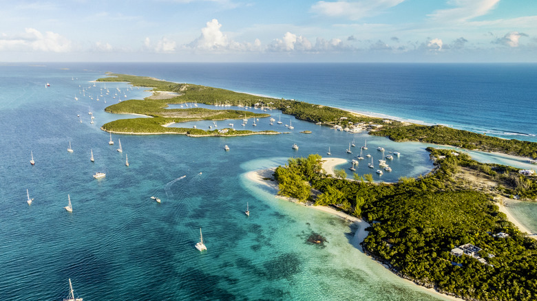Aerial view of sailboats and yachts in the Exumas, Bahamas