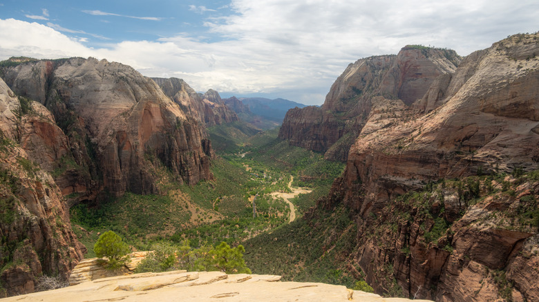 The red mountains and a verdant valley at Zion Canyon in front of a cloudy blue sky