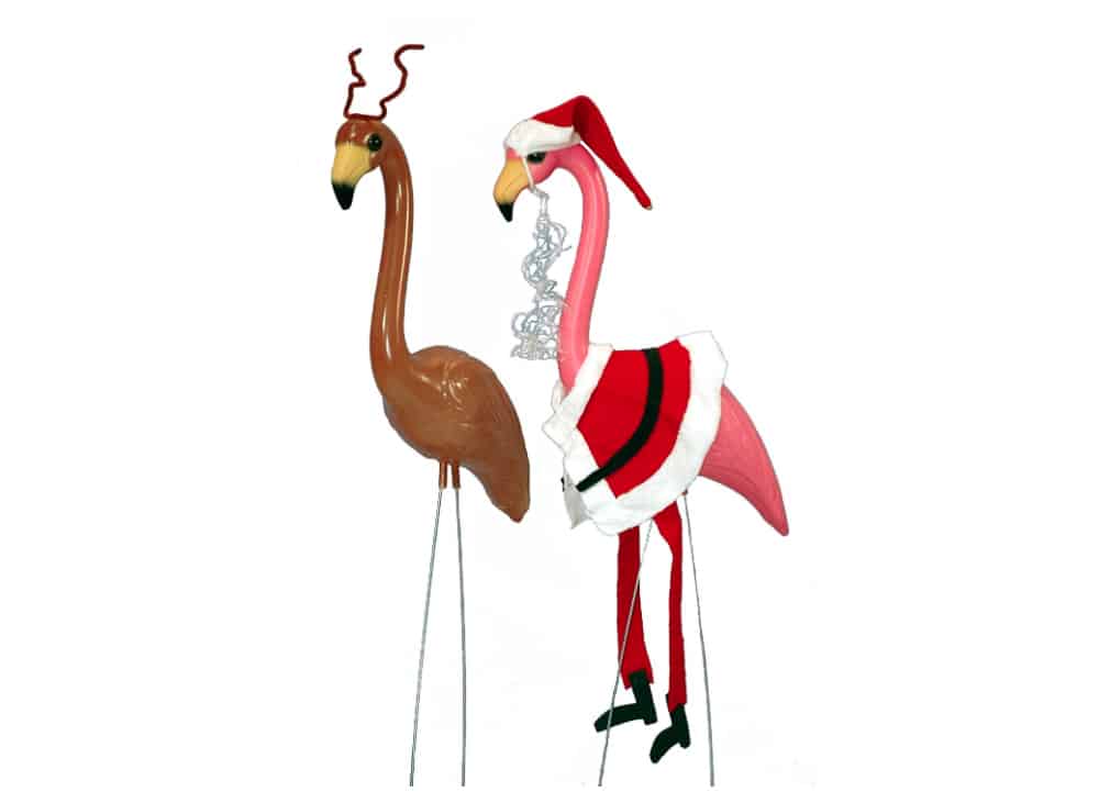 Island-themed Holiday Decorations: Santa and Rudolph flamingo lawn statue set