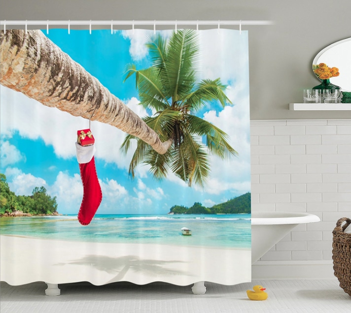 Island-themed Holiday Decorations: Christmas on the beach shower curtain