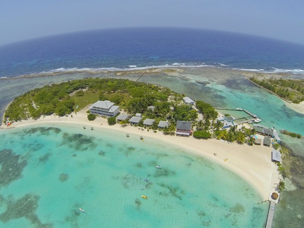 An aerial view of an island in the ocean.