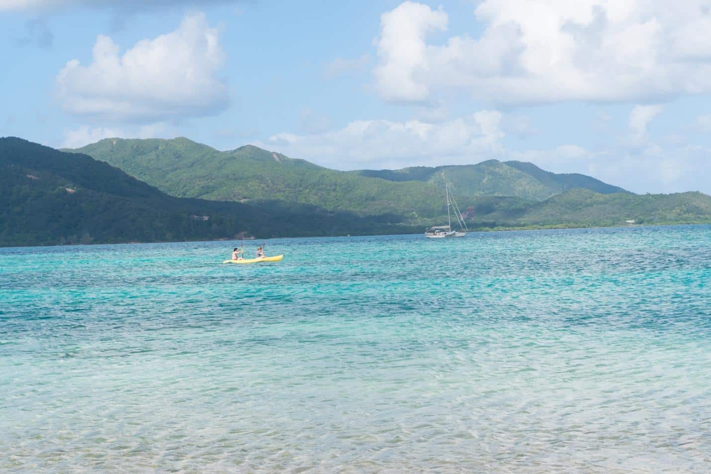 The crystal blue waters of an island beach shore.