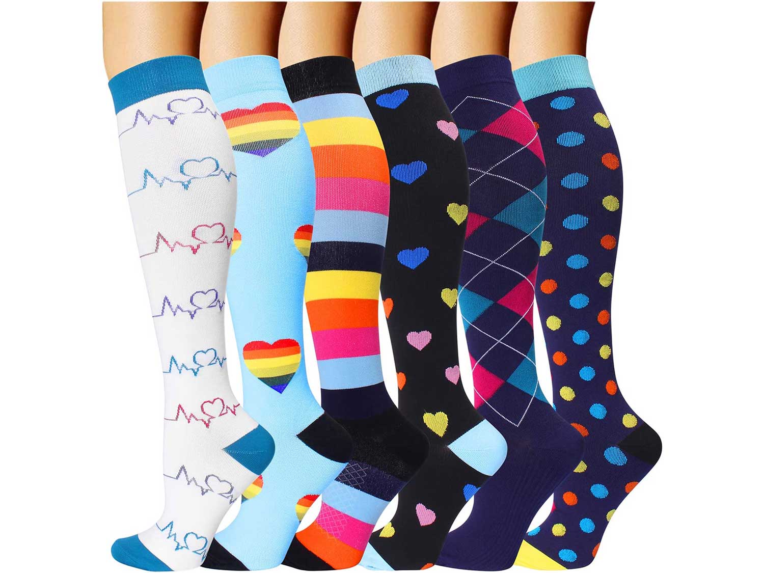 6 Pairs Compression Socks for Men and Women 20-30 mmHg Nursing Athletic Travel Flight Socks Shin Splints Knee High (Multi-Colored, Small-Medium)