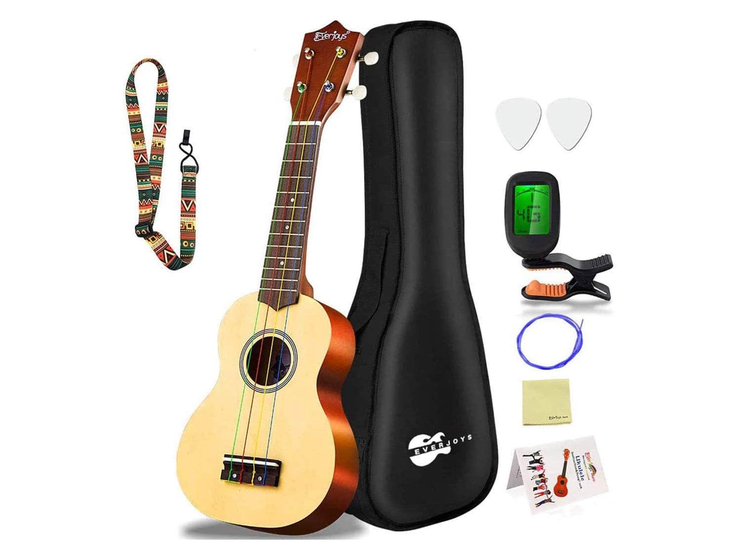 Everjoys Soprano Ukulele Beginner Pack-21 Inch w/Rainbow String Free Online Lesson Gig Bag Fast Learn Songbook Digital Tuner Pick All in One Kit