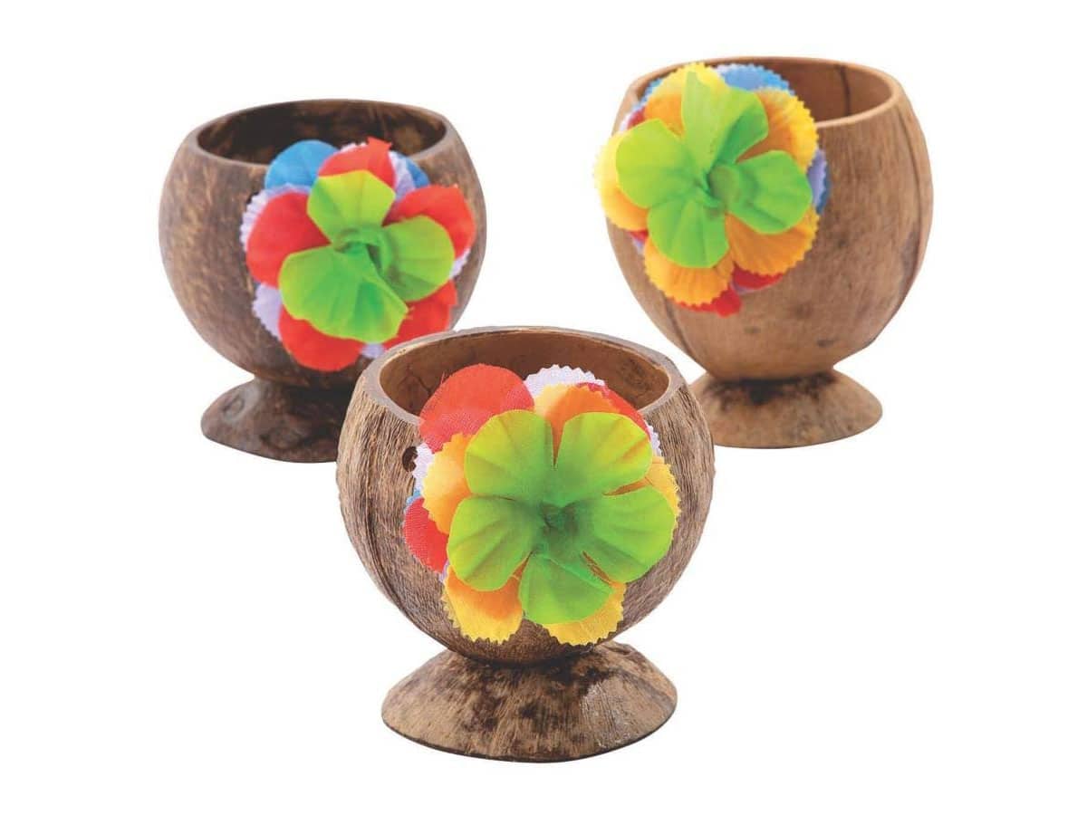 Coconut Cup with Flowers - Set of 12 - made with natural coconuts - Luau and Tiki Party Supplies
