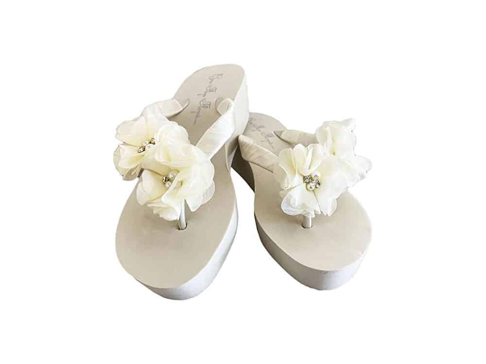 Ivory Wedge Flip Flops Wedding Bridal White Wedge Bride Platform Heel Flower Satin Shoes Sandals Beach