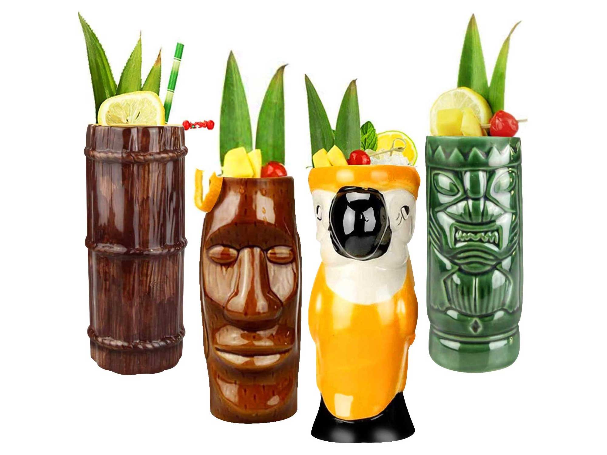 Tiki Mugs Cocktail Set of 4 - Large Ceramic Hawaiian Party Mugs Drinkware, Cute Exotic Cocktail Glasses, Tiki Bar Professional Hawaiian Party Barware, TKSET0001