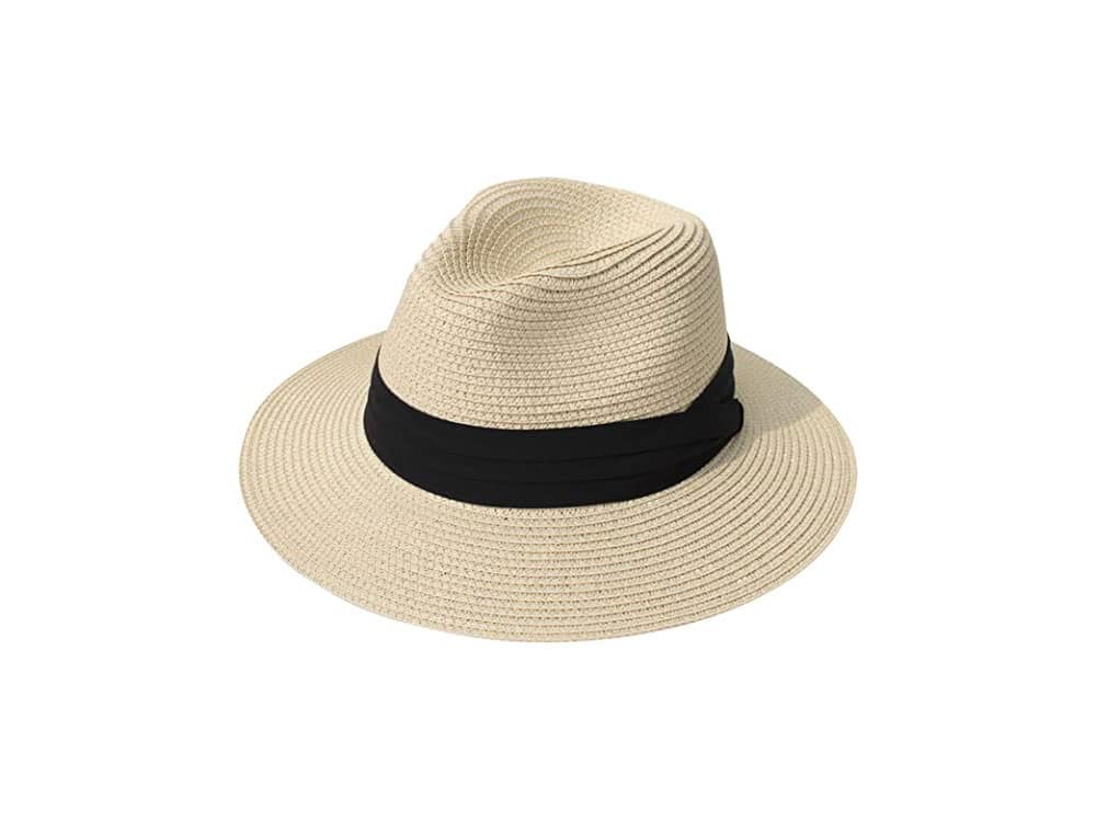 Lanzom Women Wide Brim Straw Panama Roll up Hat Belt Buckle Fedora Beach Sun Hat UPF50+