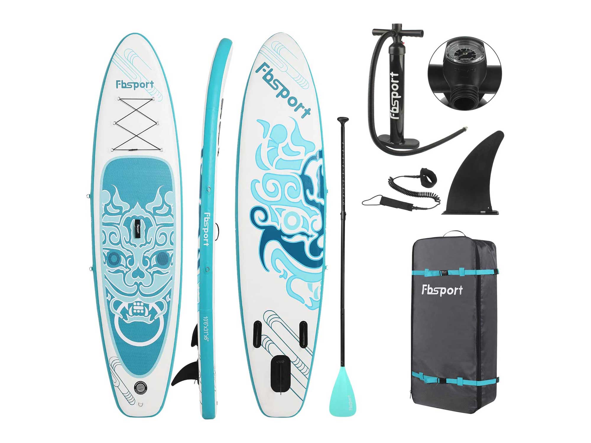 FBSPORT Premium Inflatable Stand Up Paddle Board (6 inches Thick) with SUP Accessories & Carry Bag | Wide Stance, Surf Control, Non-Slip Deck, Leash, Paddle and Pump, Standing Boat for Youth & Adult