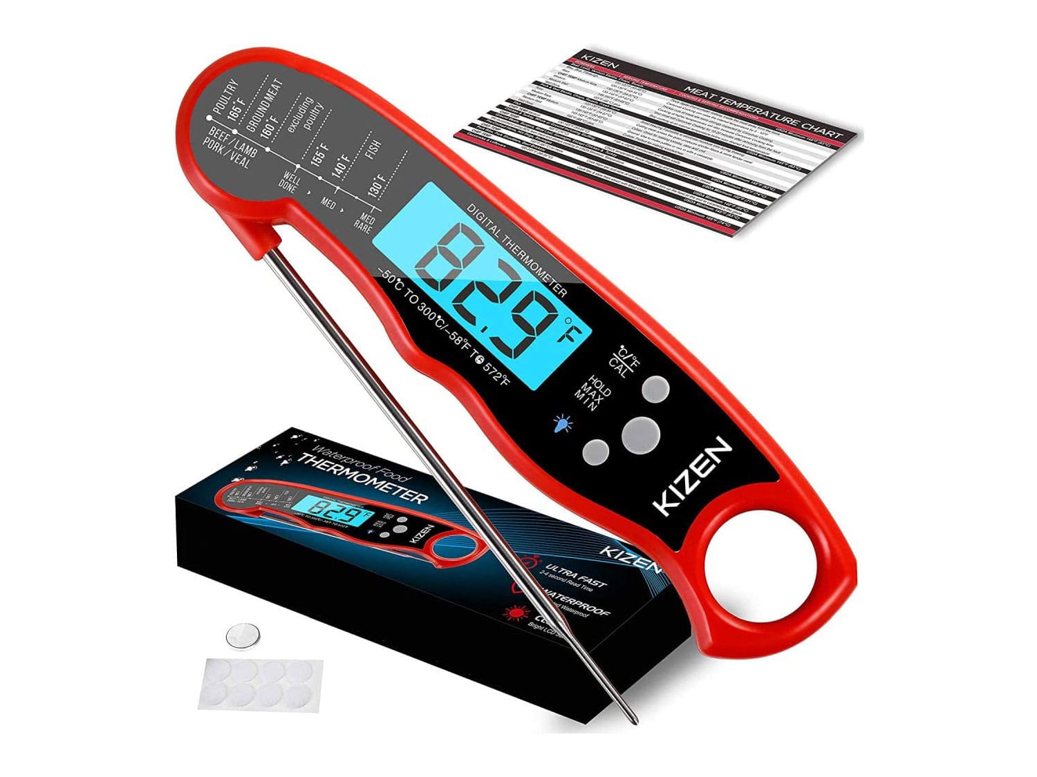Kizen Digital Meat Thermometers for Cooking - Waterproof Instant Read Food Thermometer for Meat, Deep Frying, Baking, Outdoor Cooking, Grilling, & BBQ (Red/Black)