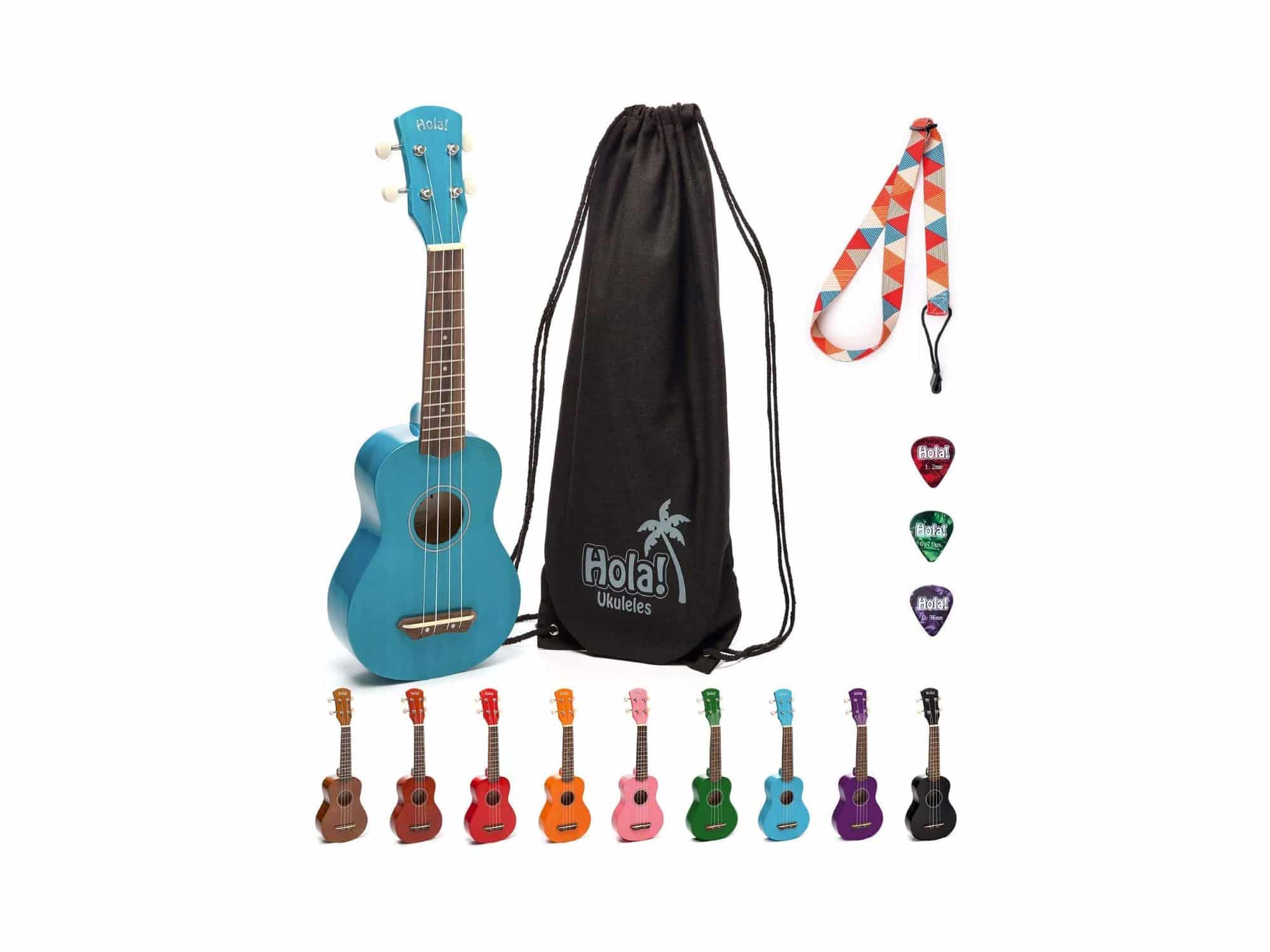 Hola! Music HM-21BU Soprano Ukulele Bundle with Canvas Tote Bag, Strap and Picks, Color Series, Blue