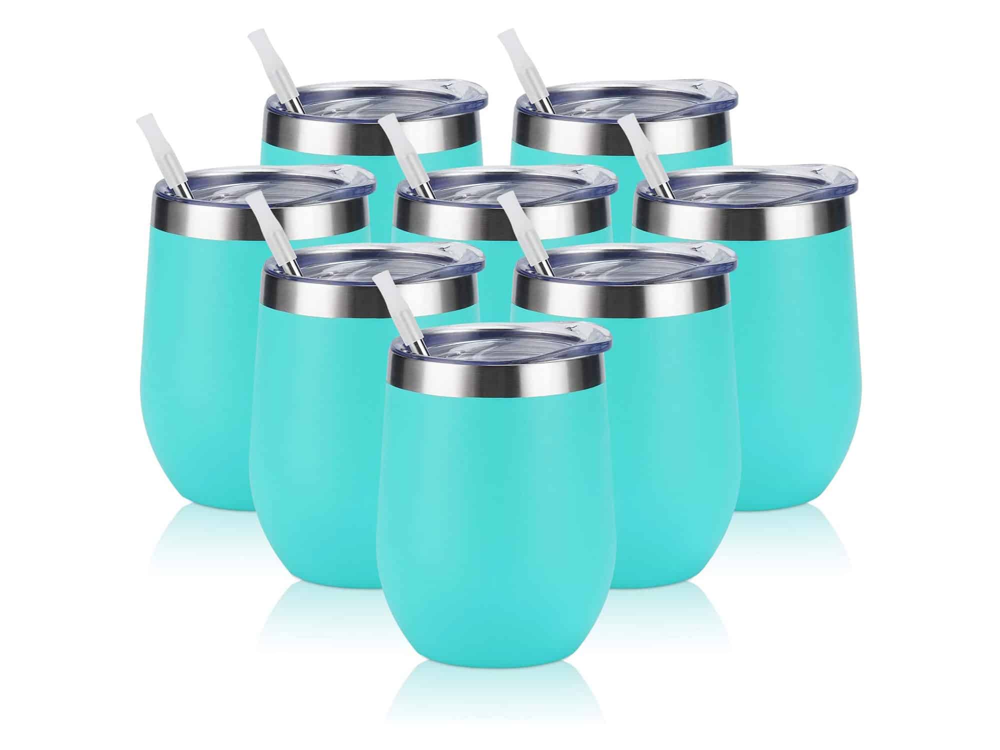 8 Pack 12Oz Stainless Steel Wine Tumblers, Insulated Wine Tumbler, Double Wall Insulated Wine Glass, Stainless Steel Stemless Wine Cups with Lids for Coffee, Wine, Cocktails, Champaign, Aqua Blue