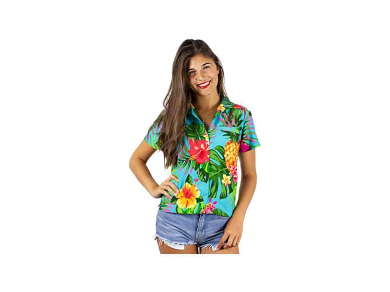King Kameha Funky Hawaiian Shirt Blouse Women Shortsleeve Frontpocket Hawaiian-Print Leaves Flowers Pineapple