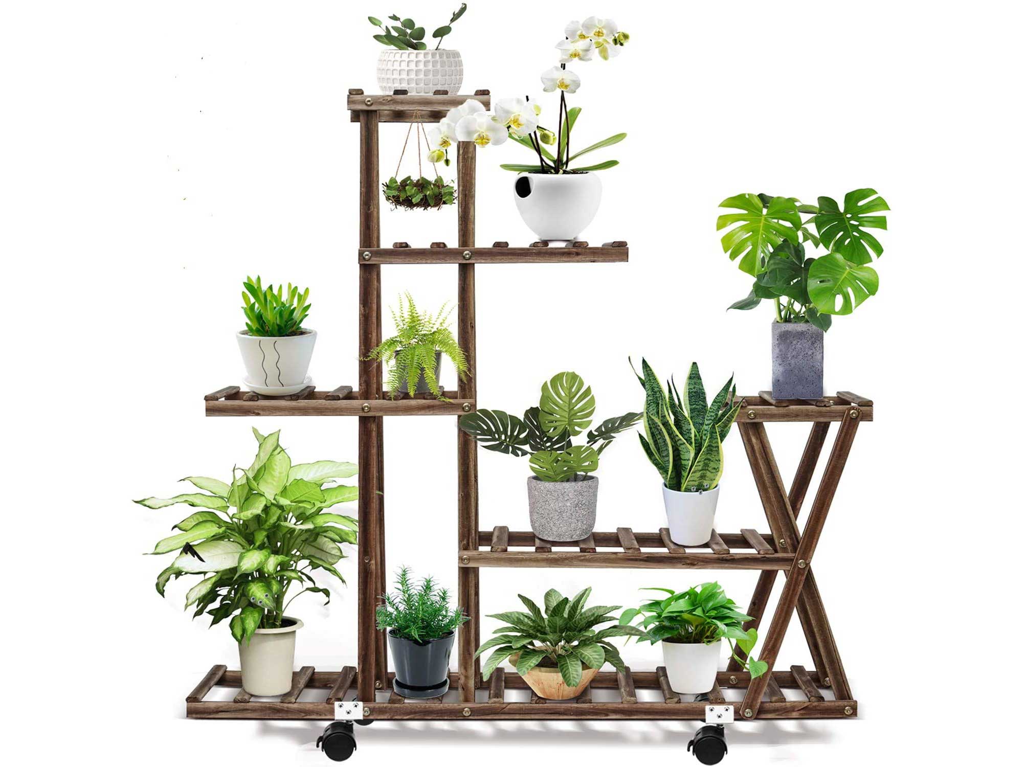 cfmour Wood Plant Stand Indoor Outdoor, Plant Display Multi Tier Flower Shelves Stands, Garden Plant Shelf Rack Holder in Corner Living Room Balcony Patio Yard with 3 Free Gardening Tools