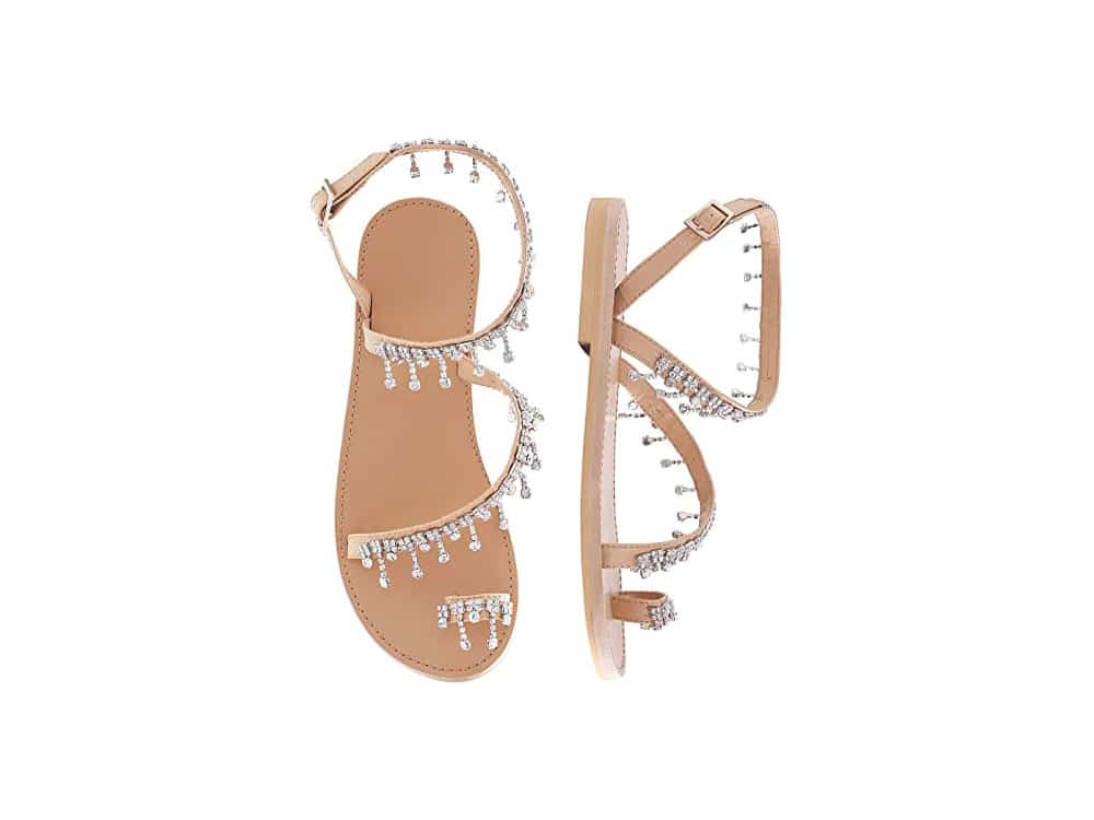 Shoe'N Tale Women's Bohemia Bling Rhinestone Pearl Flat Gladiator Sandals Toe Ring Dress Shoes