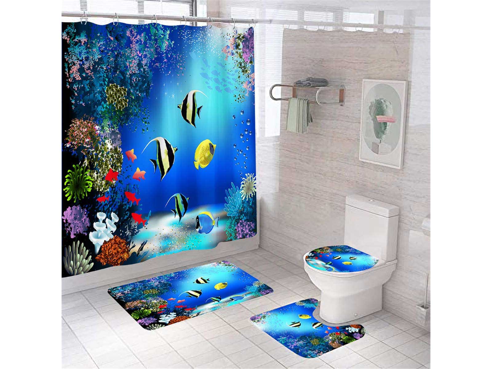 Tropical Fish Shower Curtain Sets with Rugs for Bathroom Tropical Marine Theme Bathroom Sets with Waterproof Durable Shower Curtains Non-slip Rugs and 12 Hooks