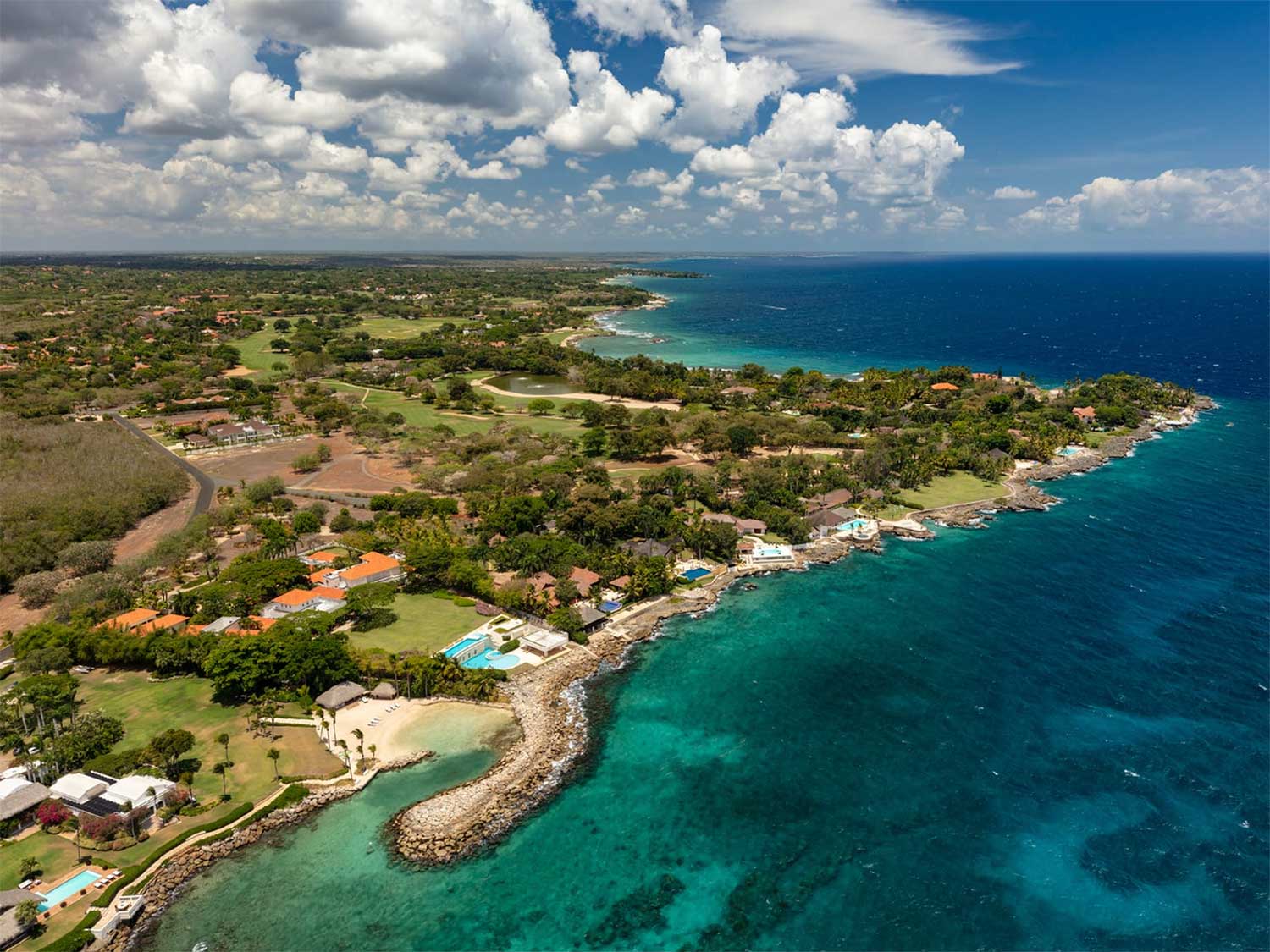 Aerial photo of a beach and beach resort.