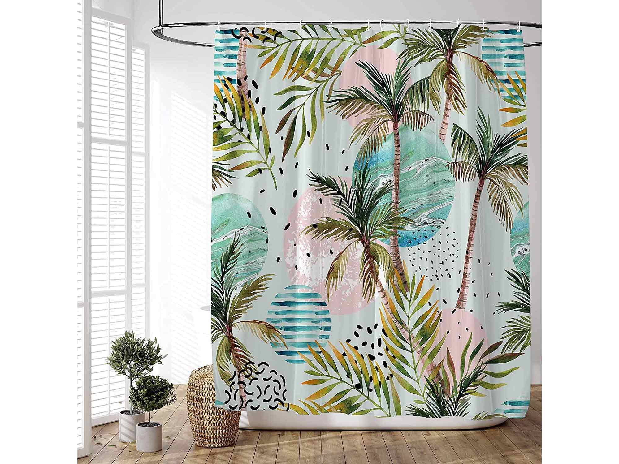 FULLSAIL Summer Tropical Palm Tree Shower Curtain Decor Set with 12 Hooks Easy Care Waterproof Washable Polyester Fabric 72