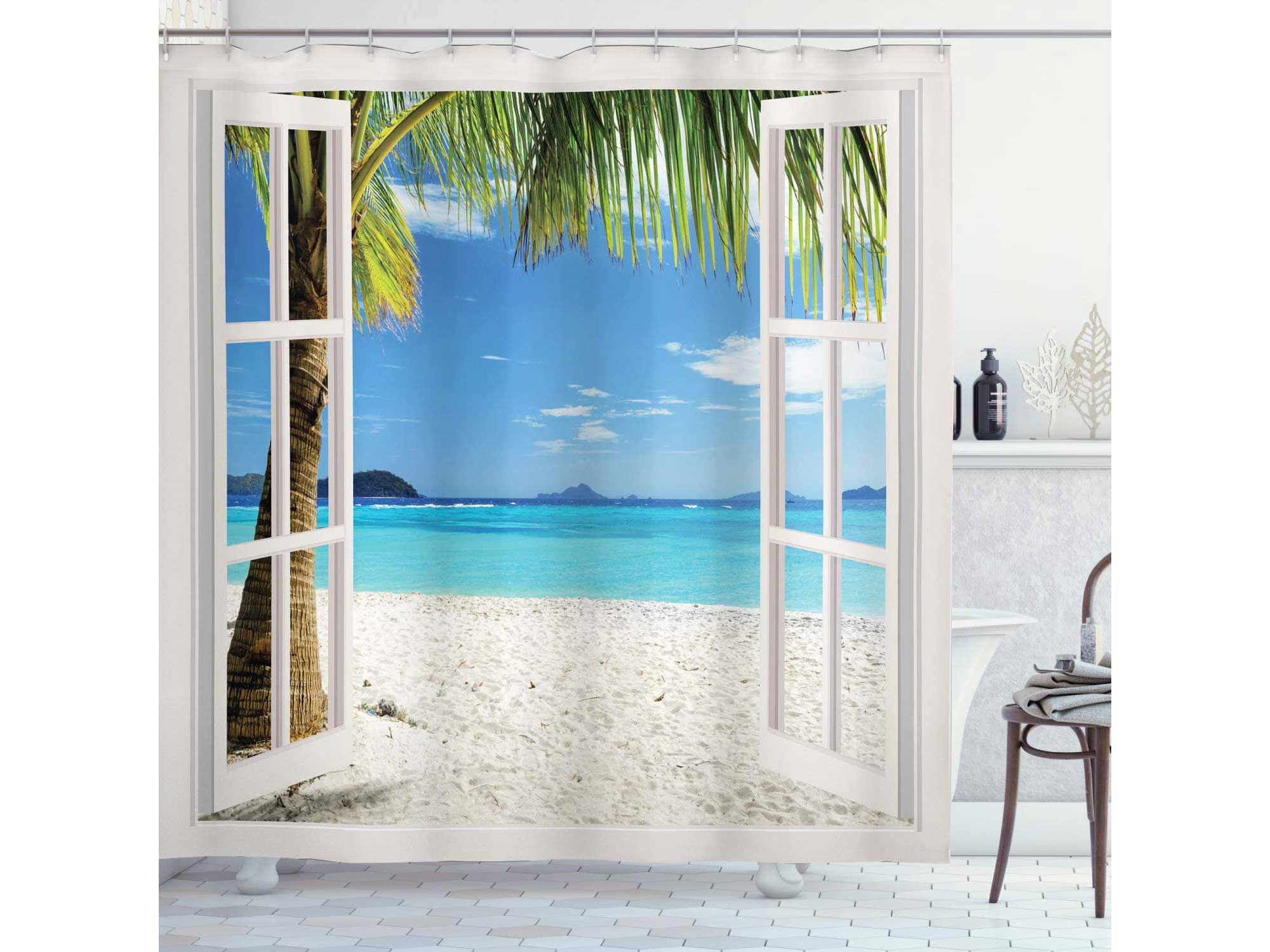 Ambesonne Turquoise Shower Curtain, Tropical Palm Trees on Island Ocean Beach Through White Wooden Windows, Cloth Fabric Bathroom Decor Set with Hooks, 70