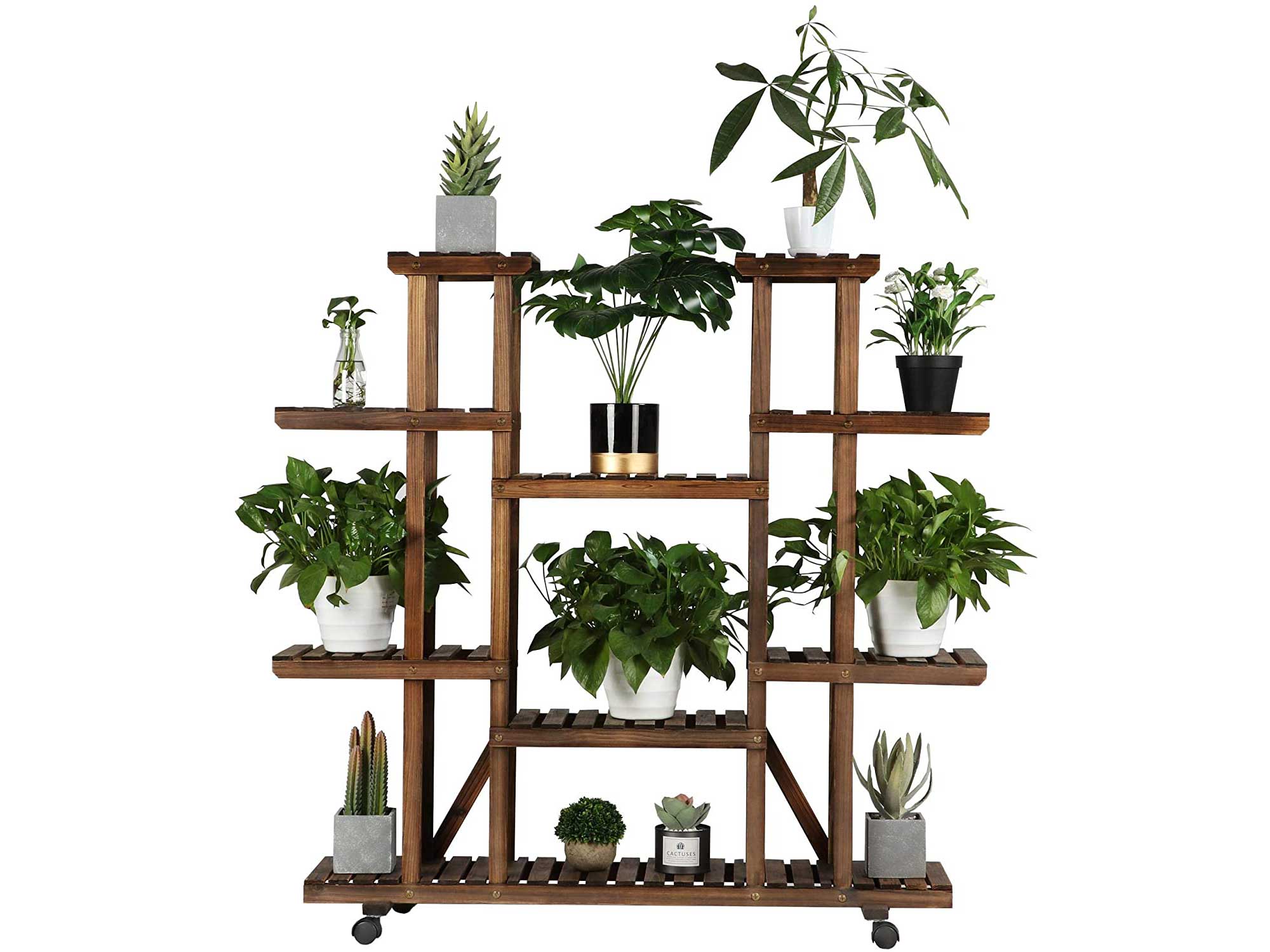 YAHEETECH Rolling Plant Stand Shelf Indoor - 6 Tier Wood Plant Pots Shelves Tiered Flower Rack Holder Stand with Detachable Wheels for Multiple Plants Outdoor Garden Balcony Patio Living Room