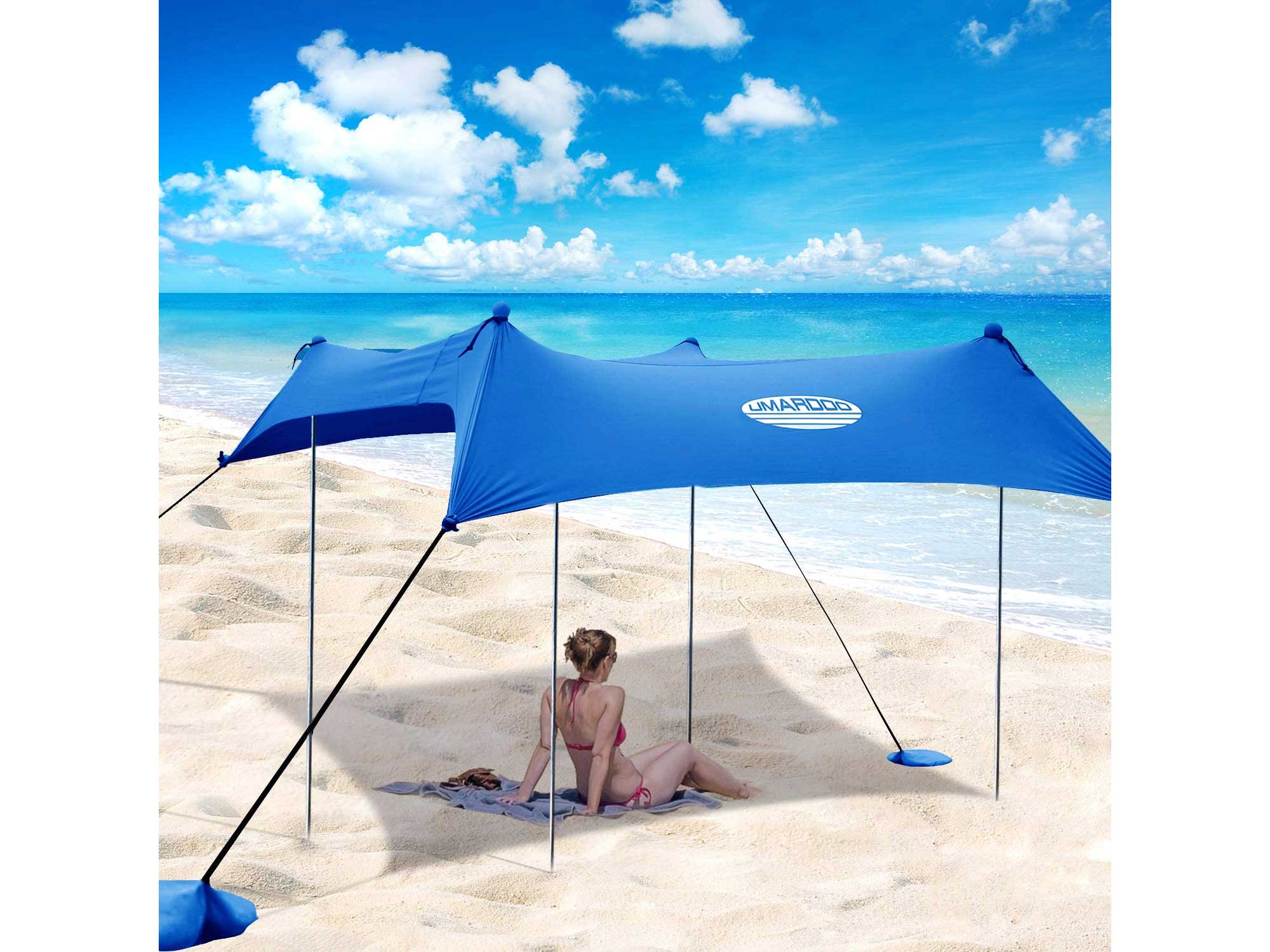 UMARDOO Family Beach Tent with 4 Aluminum Poles, Pop Up Beach Sunshade with Carrying Bag (Blue, 7X7 FT)