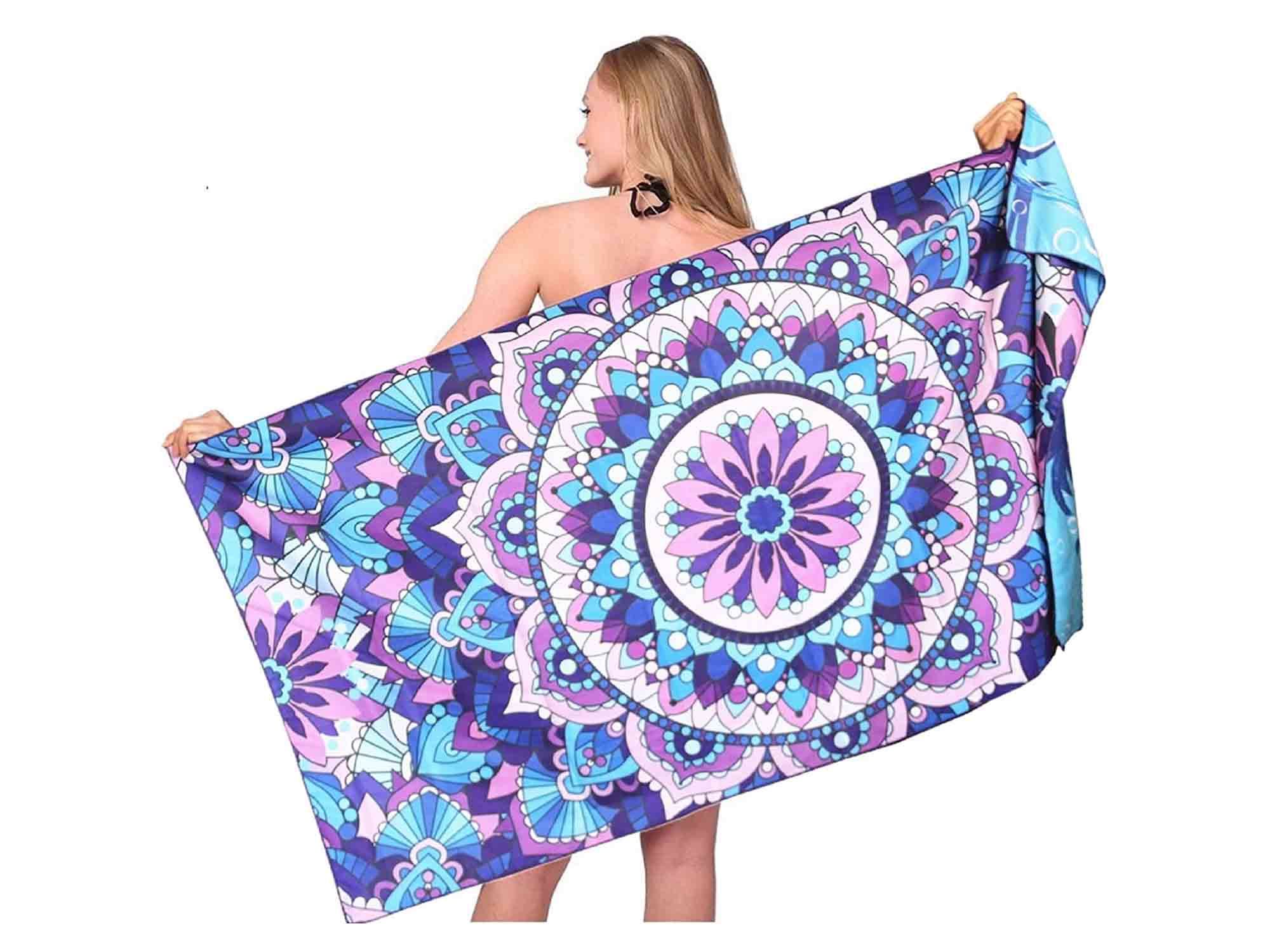 Microfiber Sand Free Beach Towel - Quick Dry Super Absorbent Oversized Large Thin Towels Blanket for Travel Pool Swimming Bath Camping Yoga Girls Women Men Adults Boho Bohemian Palm Tree Blue Mandala