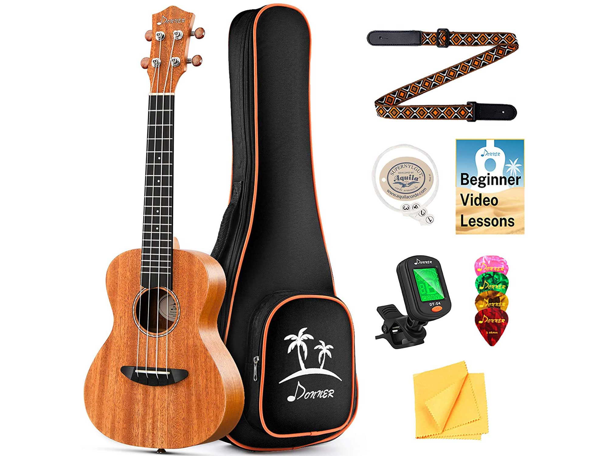 Donner Concert Ukulele Mahogany 23 Inch Ukulele Starter Bundle Kit with Free Online Lesson Gig Bag Strap Nylon String Tuner Picks Cloth DUC-1 Professional Ukalalee Yukalalee